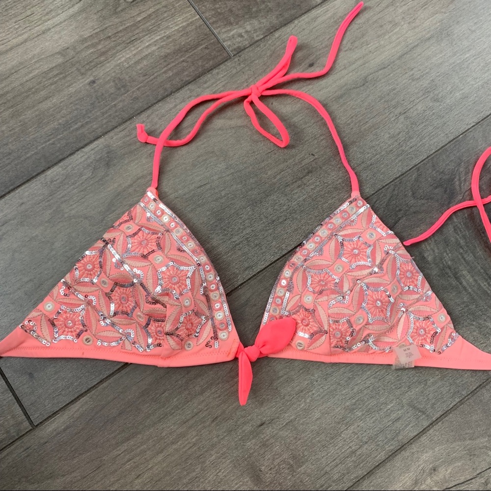 Neon Coral Sequin Bikini Top